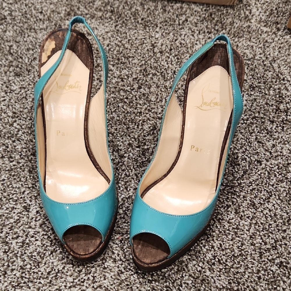 Christian Louboutin Turquoise Patent Peep-Toe Slingback Heels